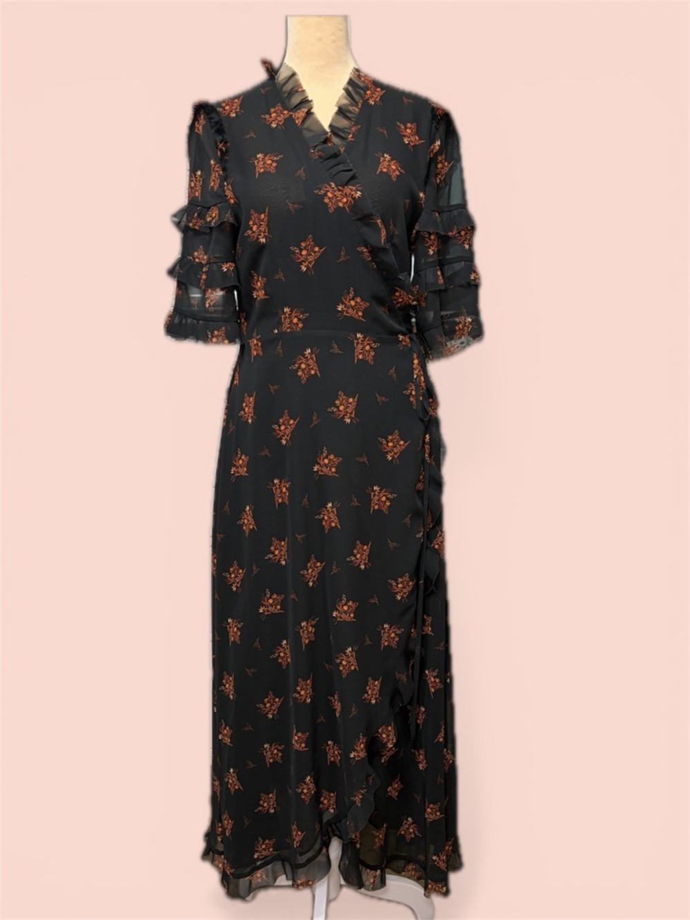Zara Black Floral Wrap Midi Dress